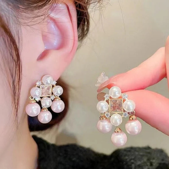 ZRJ452 ZHL Pink Beads Drop Earrings Pair