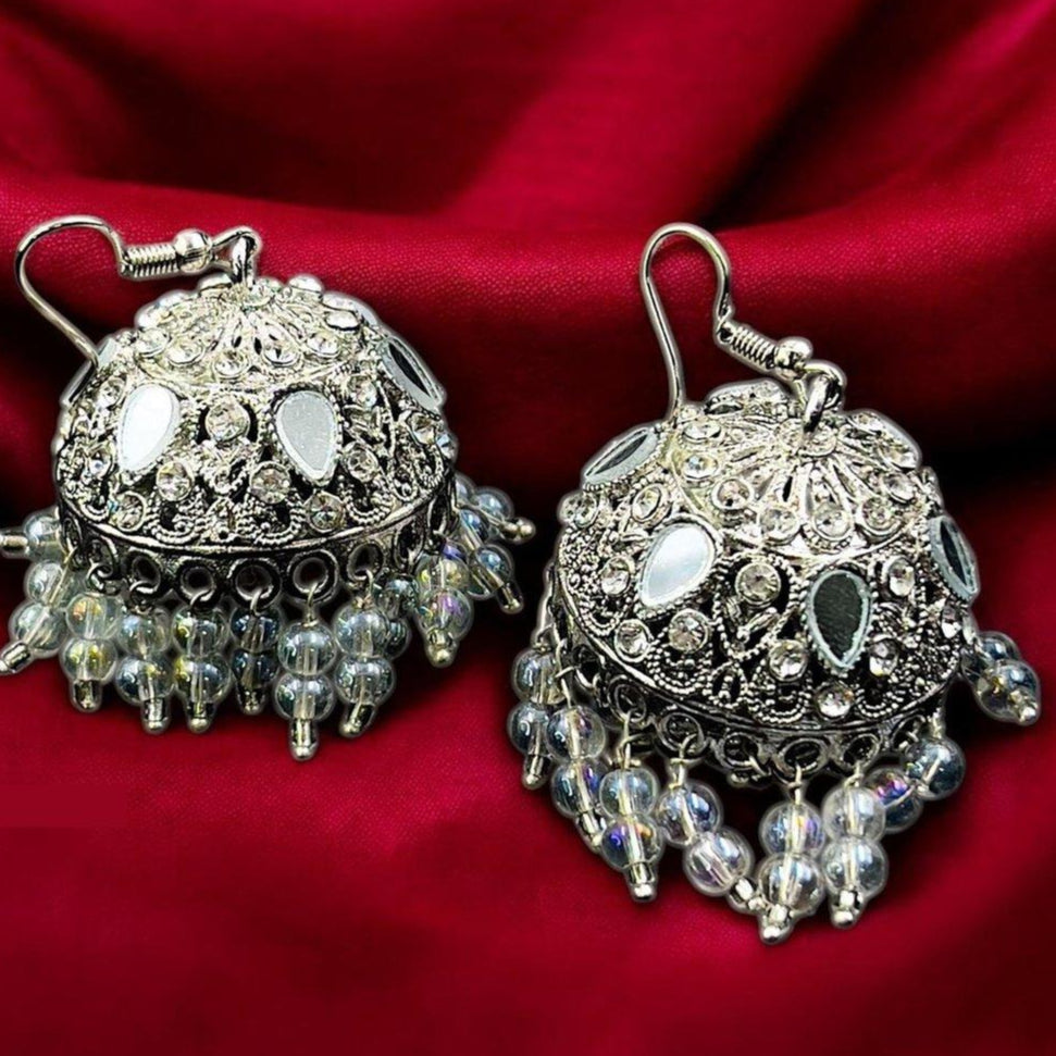 ZRJ00026 FRN Tear Round Stone Silver Jhumki