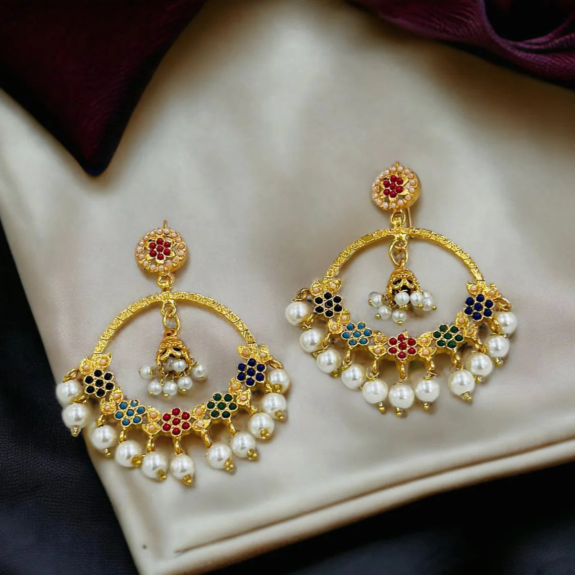 ZRJ078 FRN Multi Flower/Pearl Drop Earring Pair - PEDH